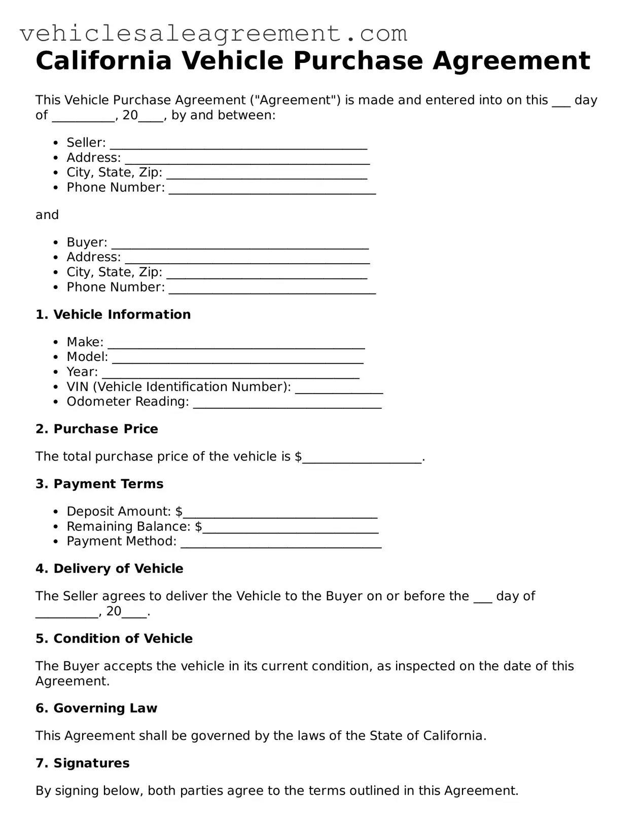 Free  Vehicle Purchase Agreement Document for California