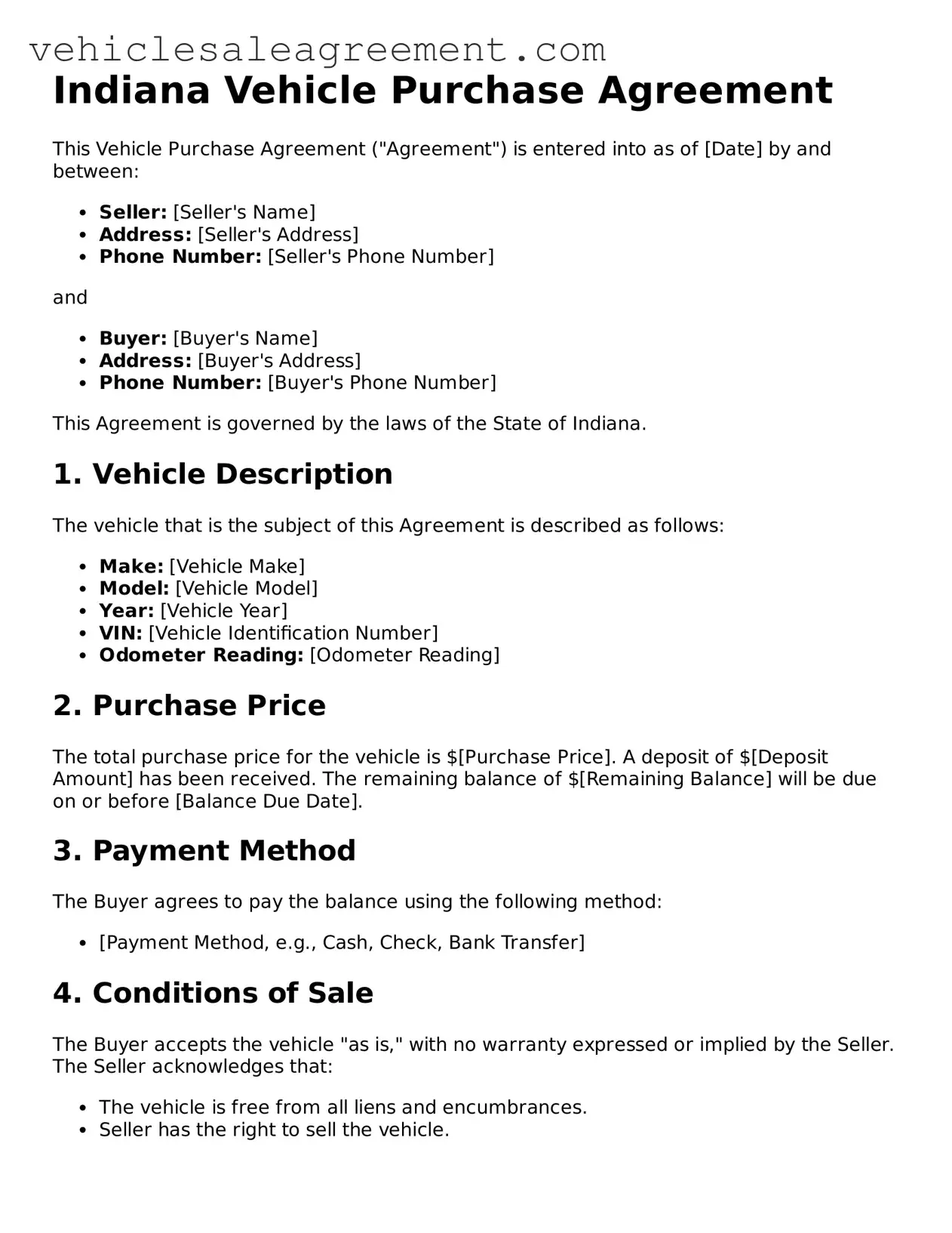 Free  Vehicle Purchase Agreement Document for Indiana