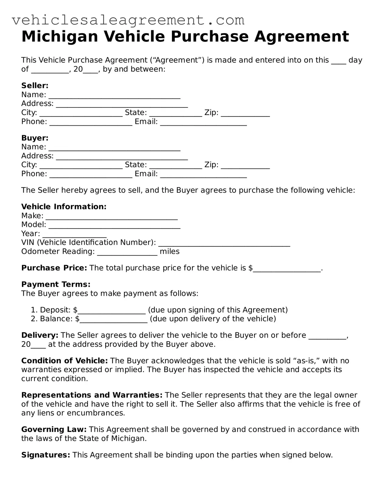 Free  Vehicle Purchase Agreement Document for Michigan