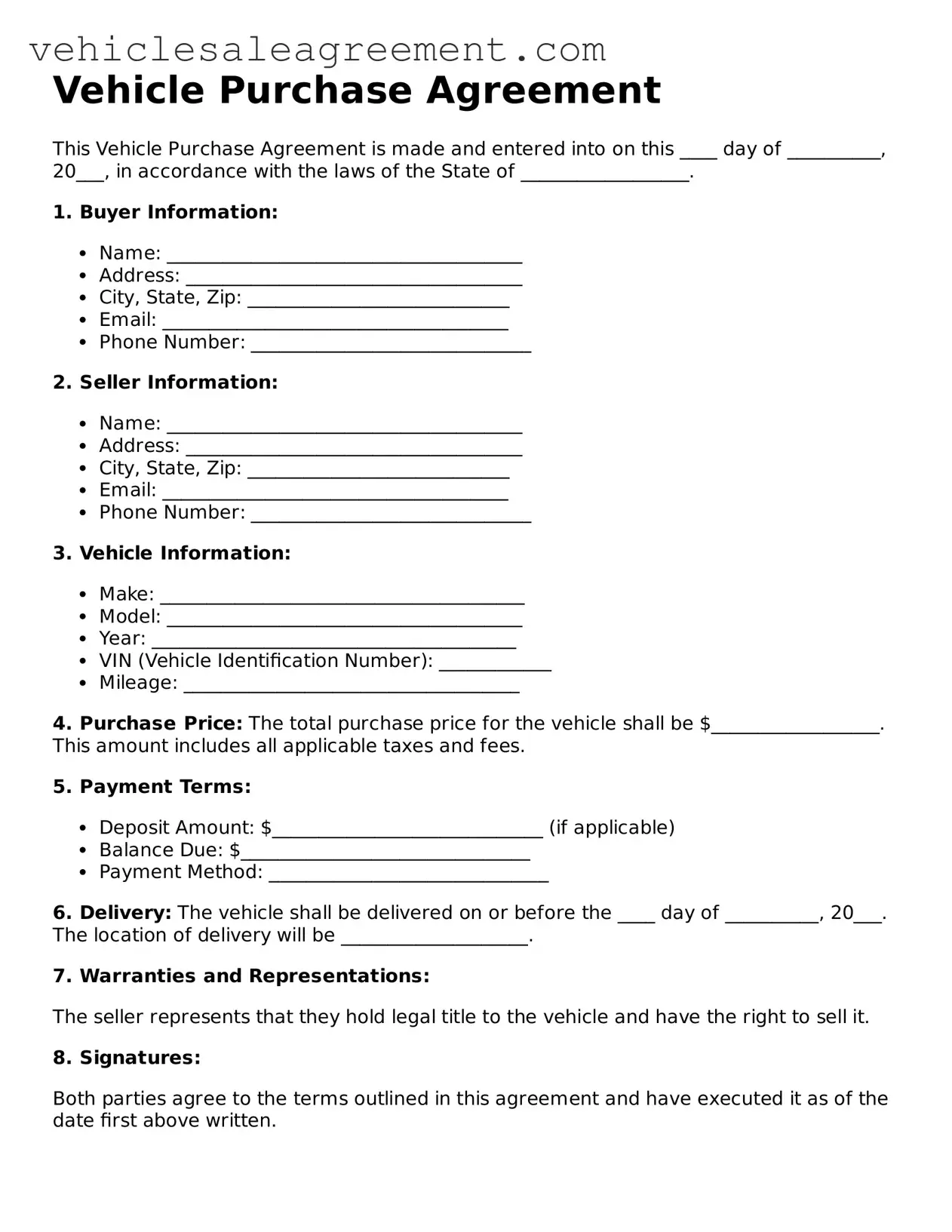 Fillable Vehicle Purchase Agreement Template