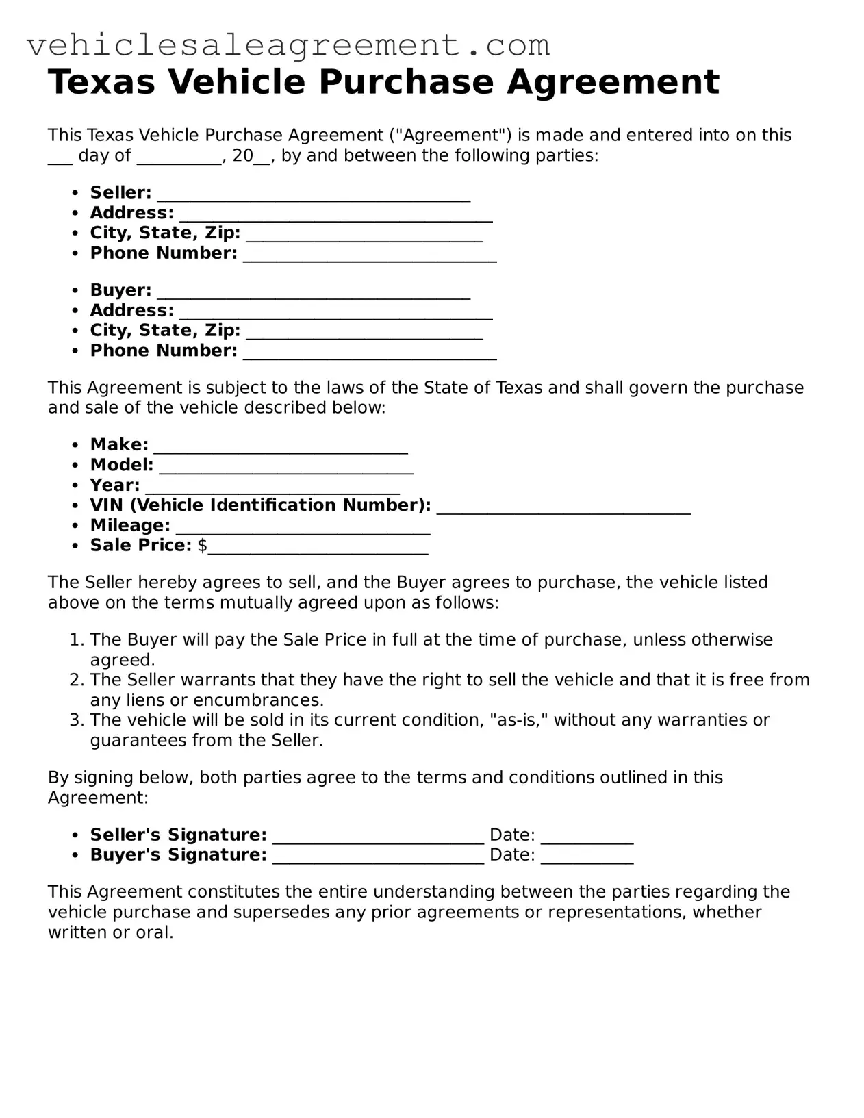 Free  Vehicle Purchase Agreement Document for Texas